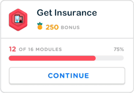 Zogo progression screen that states Get Insurance 12 of 16 modules completed with status bar.